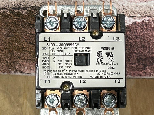 24 V, 50/60 Hz, 30 Amps 3 Pole Contactor