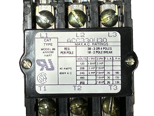 208/240 V, 50/60 Hz, 30 Amps 3 Pole Contactor