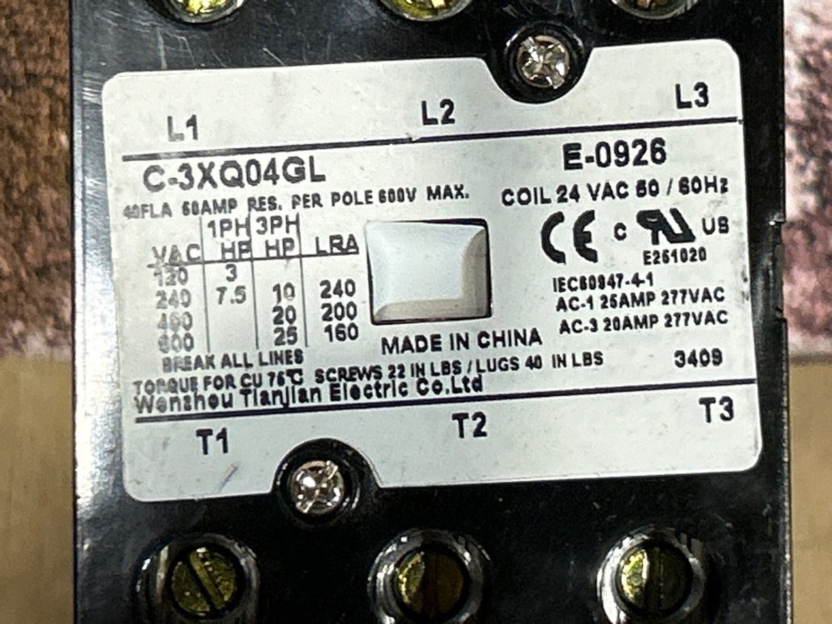 24 V, 50/60 Hz, 40 Amps 3 Pole Contactor