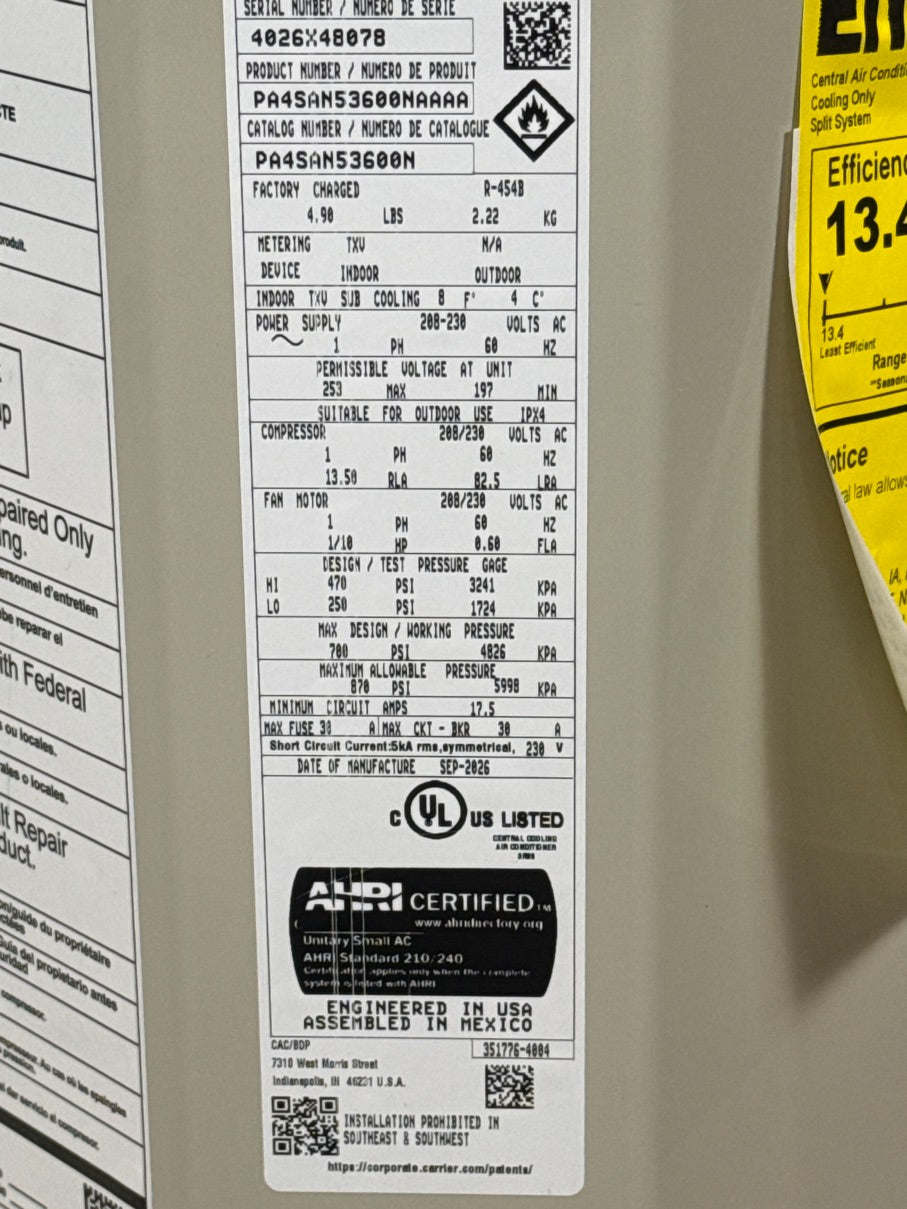3 Ton Single-Stage Split-System Air Conditioner 208-230/60/1 R454B 13.4 SEER2