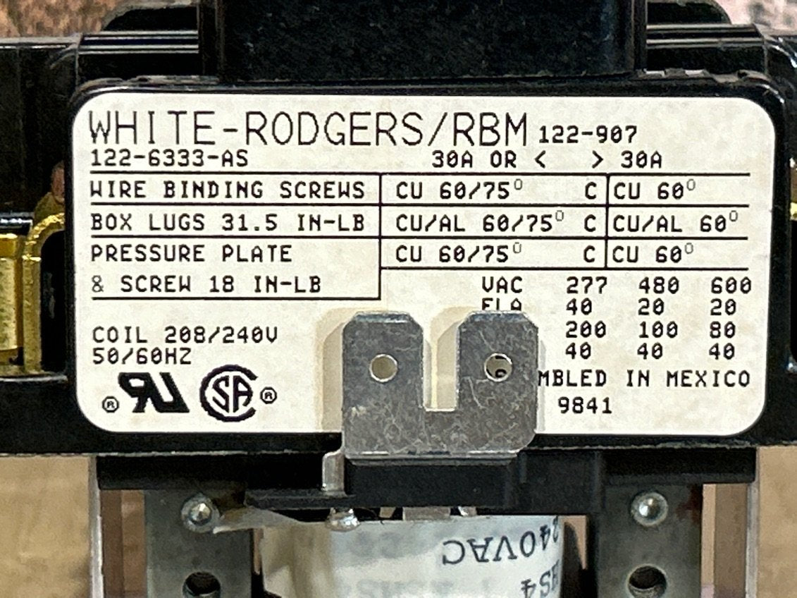 208/240 V, 50/60 Hz, 40 Amps 2 Pole Contactor