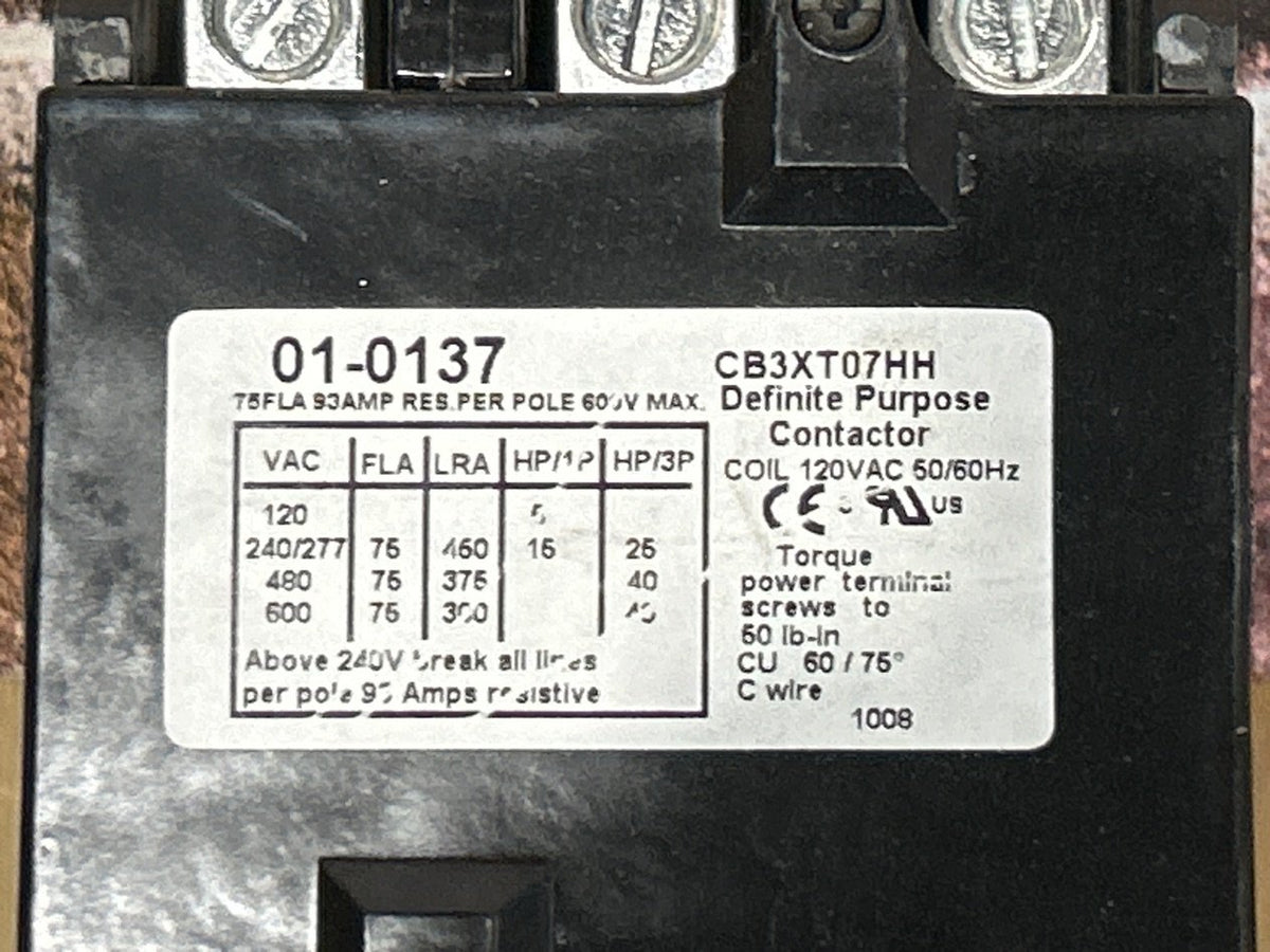 120 V, 50/60 Hz, 75 Amps 3 Pole Contactor