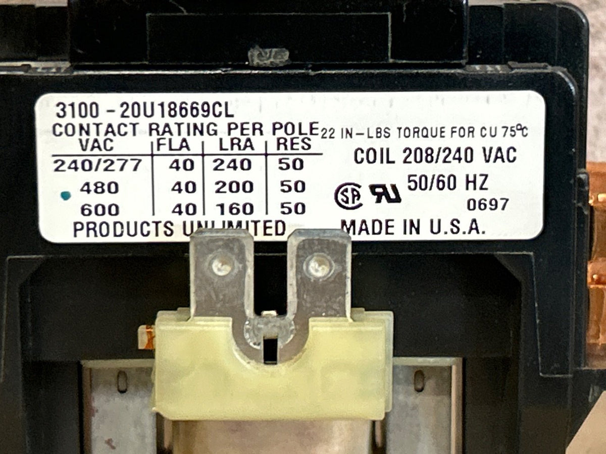 208/240 V, 50/60 Hz, 40 Amps 2 Pole Contactor
