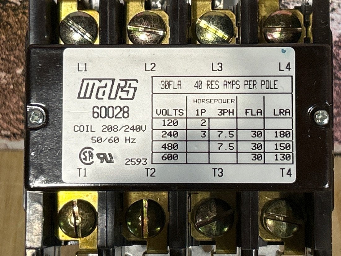 208/240 V, 50/60 Hz, 30 Amps 4 Pole Contactor