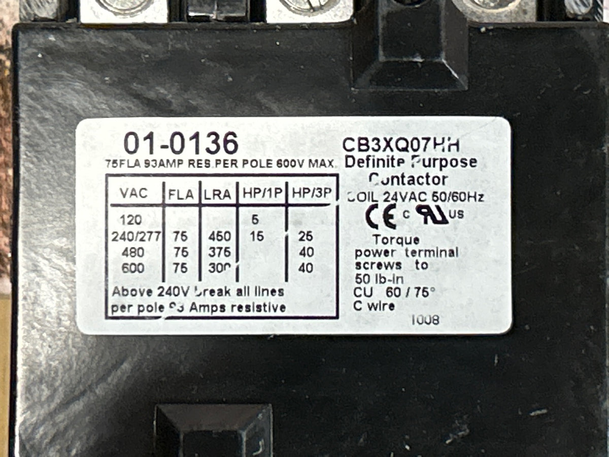 24 V, 50/60 Hz, 75 Amps 3 Pole Contactor