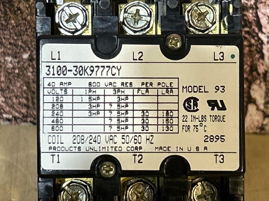 208/240 V, 50/60 Hz, 30 Amps 3 Pole Contactor