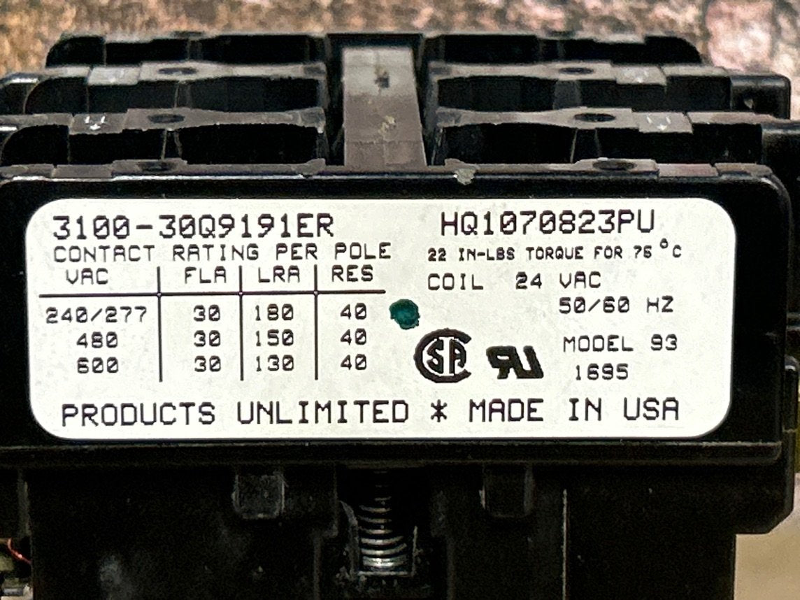 24 V, 50/60 Hz, 30 Amps 3 Pole Contactor