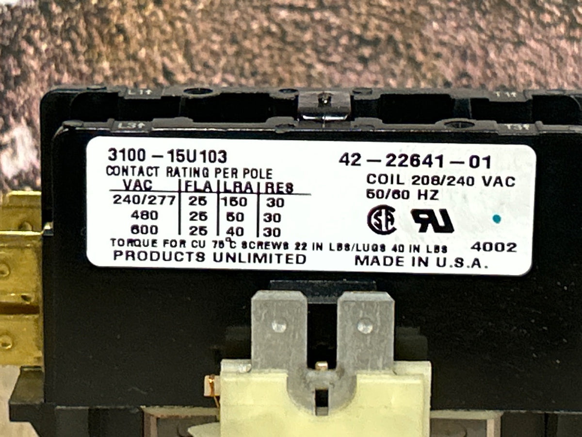 208/240 V, 50/60 Hz, 25 Amps 1 Pole Contactor
