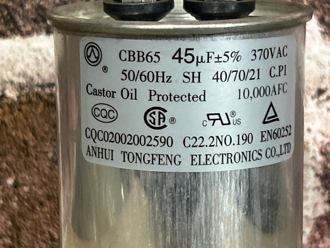 370 Vac, 45MFD 50/60 Hz, Round Capacitor