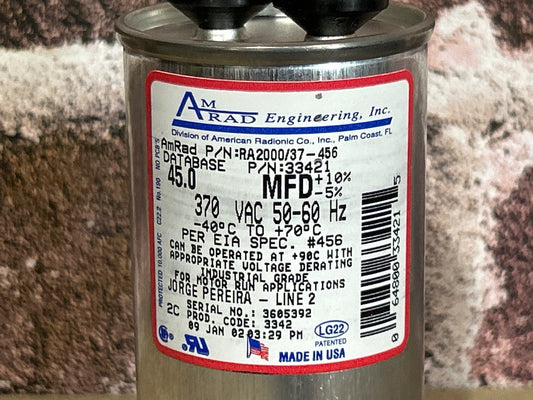 370 Vac, 45MFD 50/60 Hz, Round Capacitor
