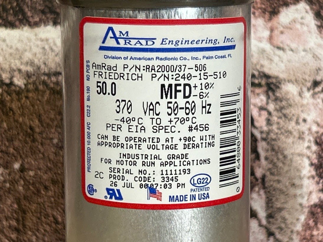 370 Vac, 50MFD 50/60 Hz, Round Capacitor