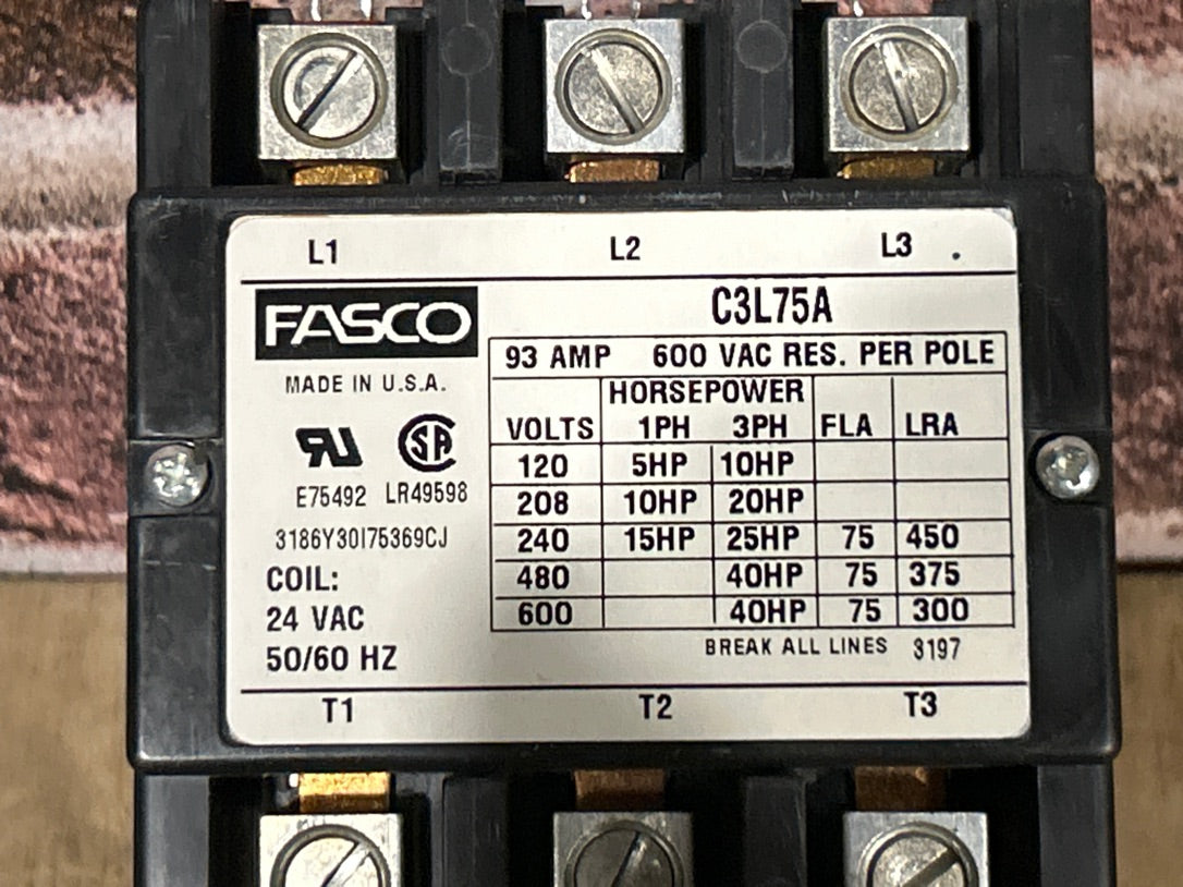 24 V, 50/60 Hz, 75 Amps 3 Pole Contactor