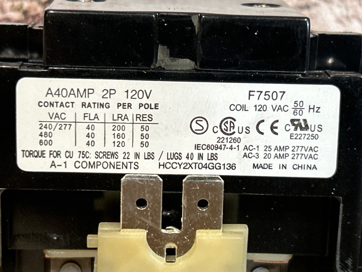 120 V, 50/60 Hz, 40 Amps 2 Pole Contactor