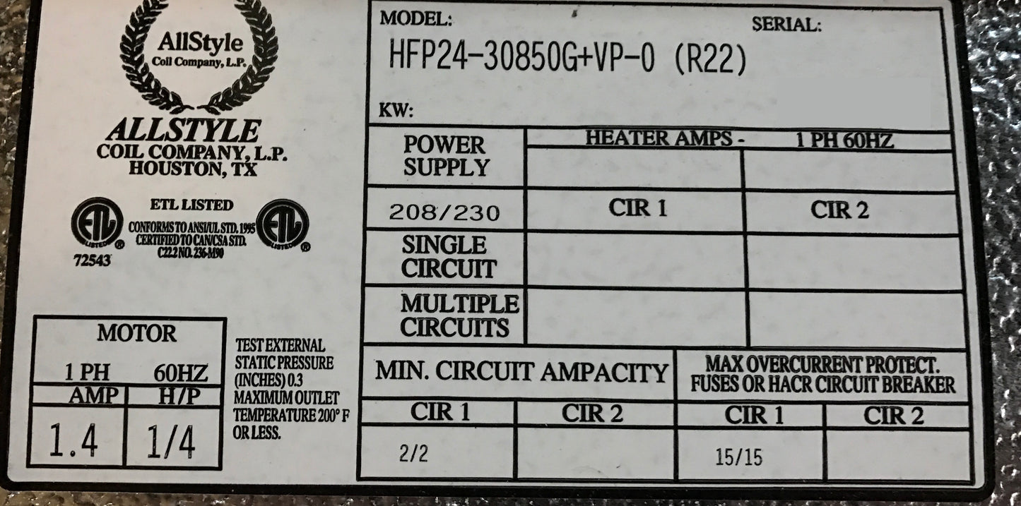 2 TON AC/HP DOUBLE BLOWER CEILING MOUNTED HORIZONTAL FANCOIL UNIT/LESS ELECTRIC HEAT 208-230/60/1 R-22