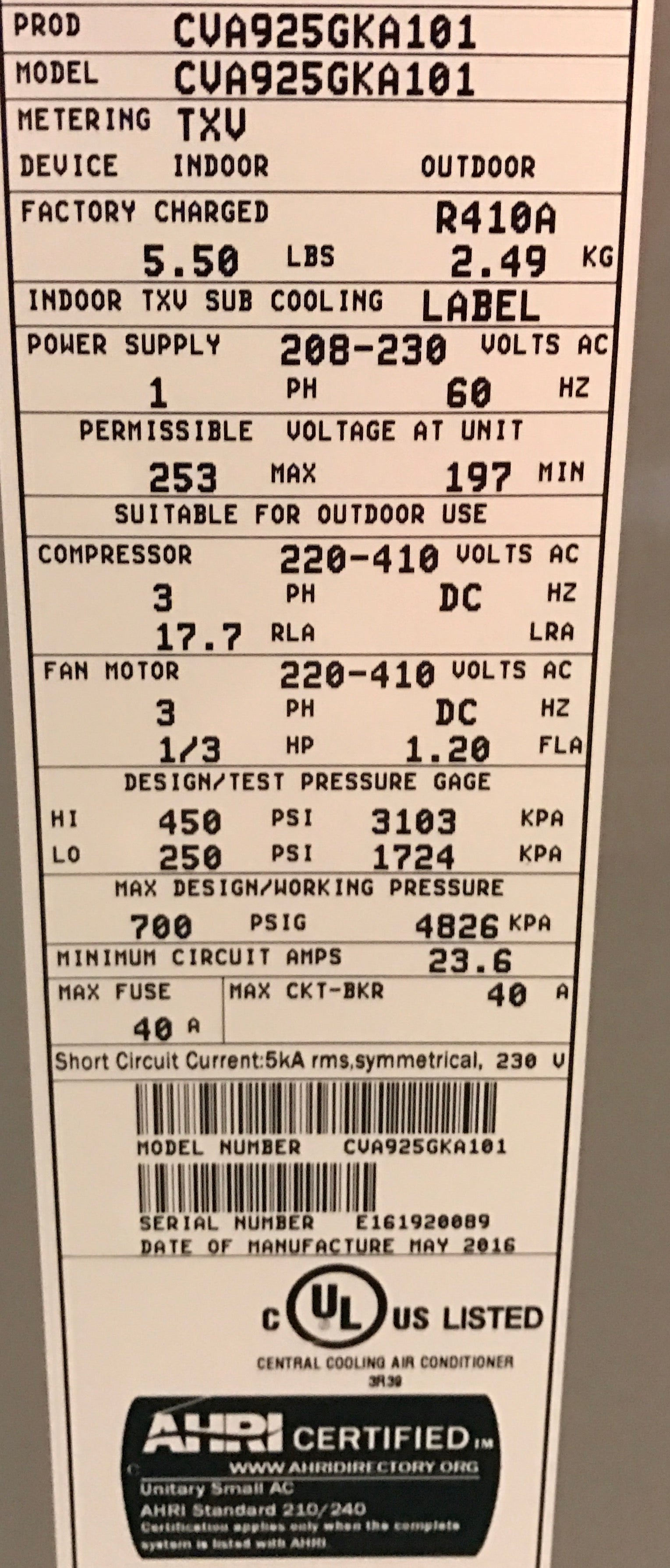 2 TON 2 STAGE "CONSTANT COMFORT" SERIES VARIABLE SPEED SPLIT-SYSTEM AIR CONDITIONER/W OBSERVER COMMUNICATING CONTROL SYSTEM, 19 SEER 208-230/60/1 R-410A