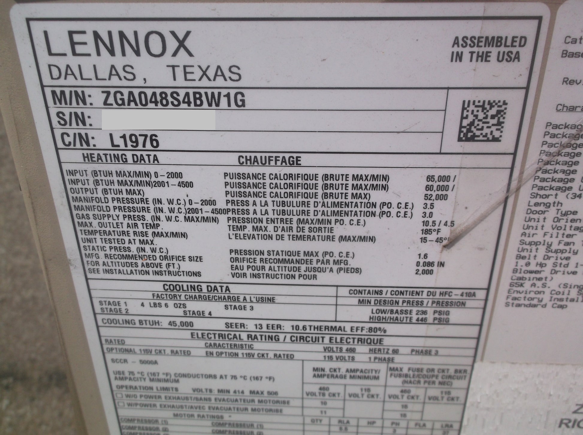 4 TON LO NOX HEAT CONVERTIBLE GAS/ELECTRIC PACKAGED UNIT 13 SEER 460/60/3 R410A