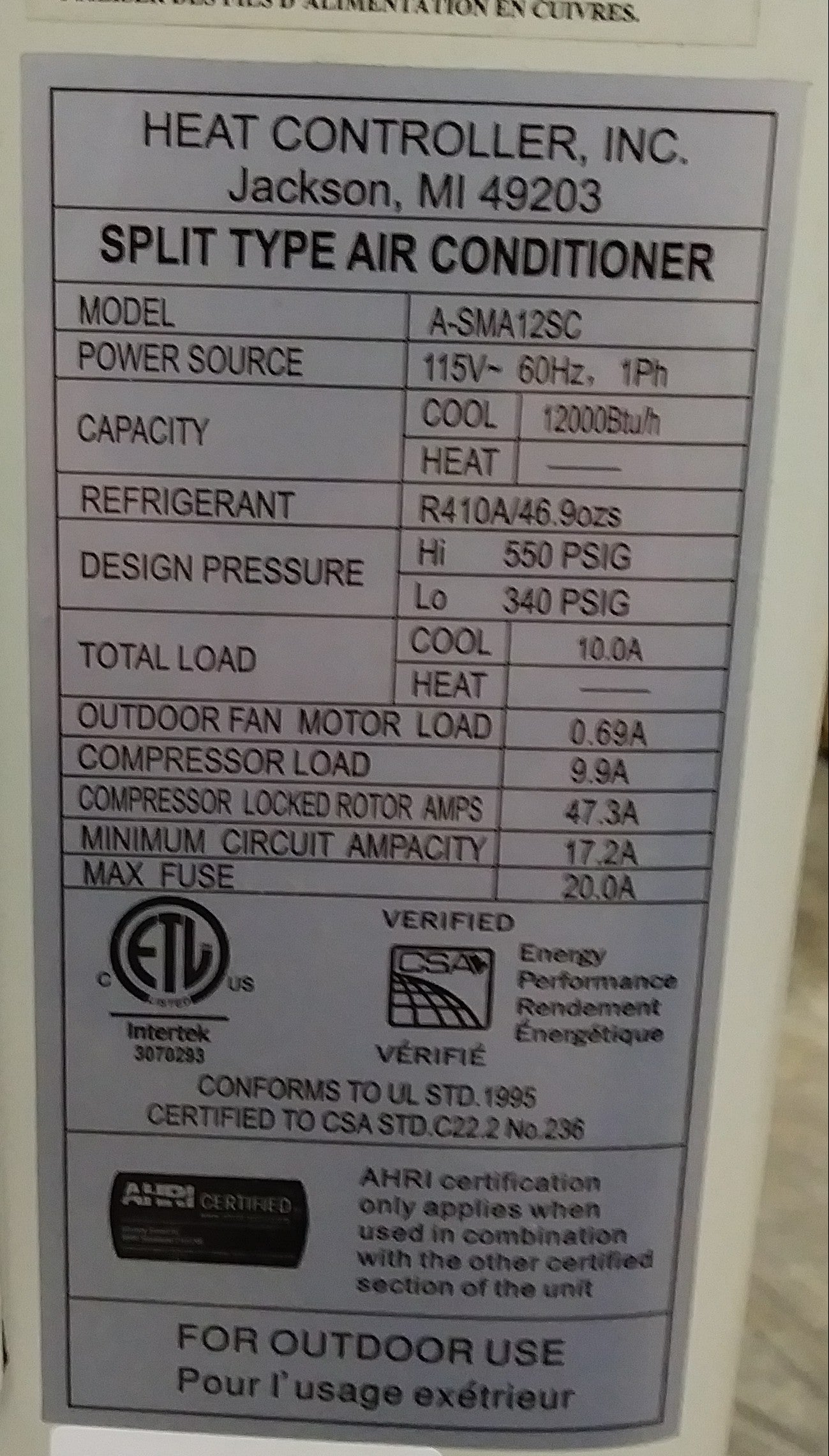 1 TON SINGLE-ZONE OUTDOOR AC ONLY MINI-SPLIT UNIT, 13 SEER 115/60/1