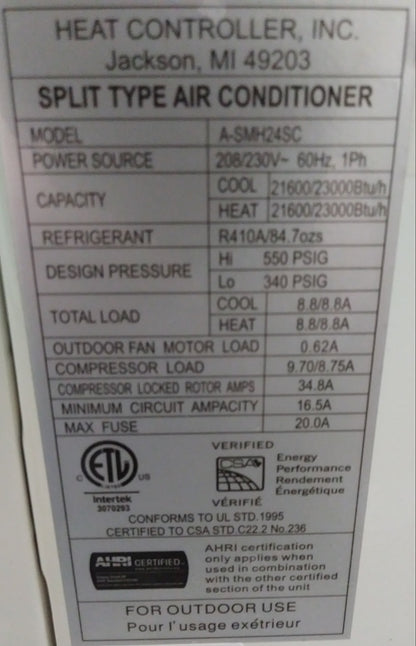 2 TON SINGLE-ZONE OUTDOOR MINI-SPLIT HEAT PUMP UNIT, 13 SEER 208-230/60/1 R-410A