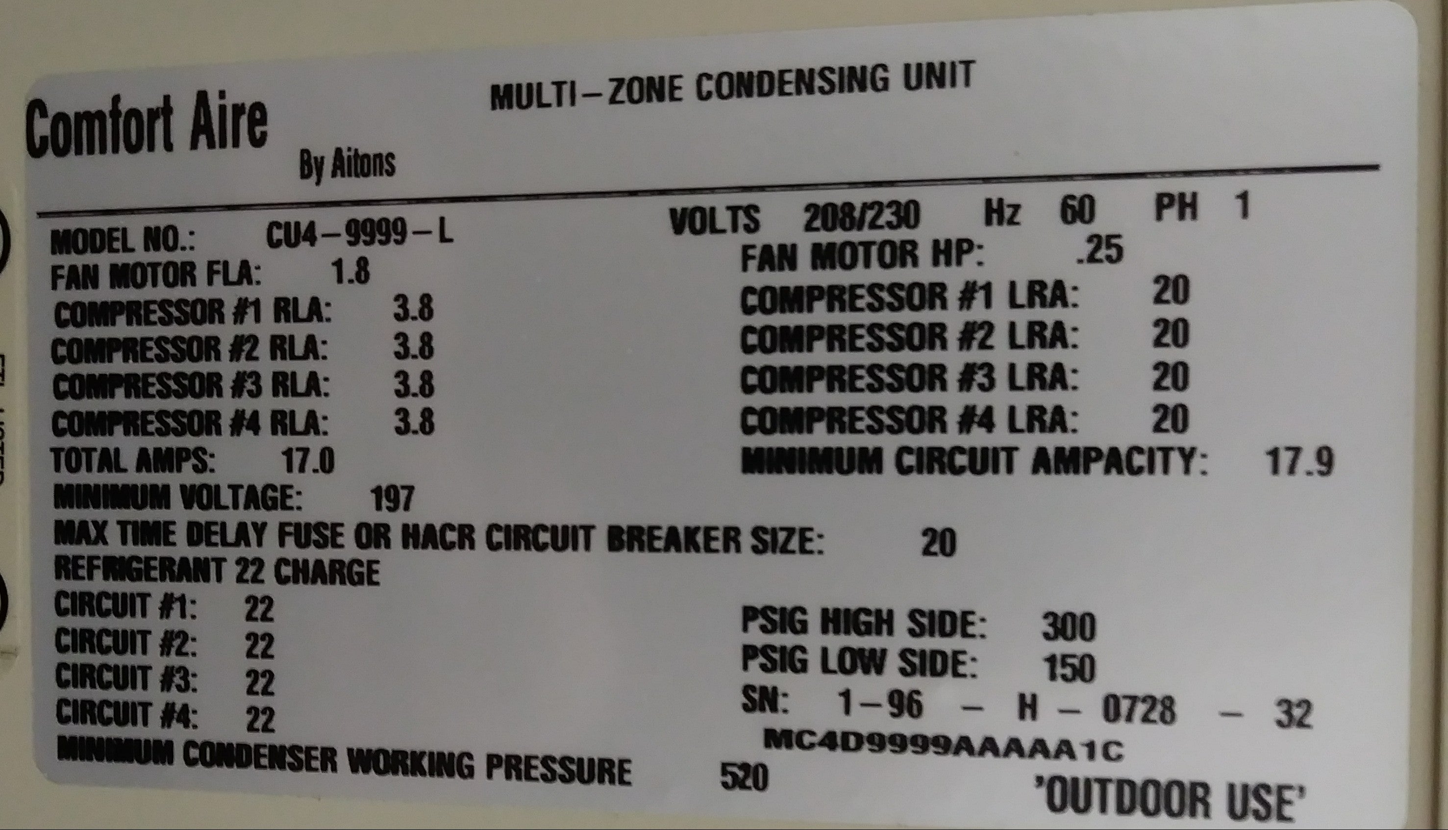 3 Ton Quad-Zone Outdoor Condensing Mini-Split Unit, 208-230/60/1 R