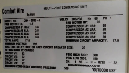 3 TON QUAD-ZONE OUTDOOR CONDENSING MINI-SPLIT UNIT, 208-230/60/1 R-22