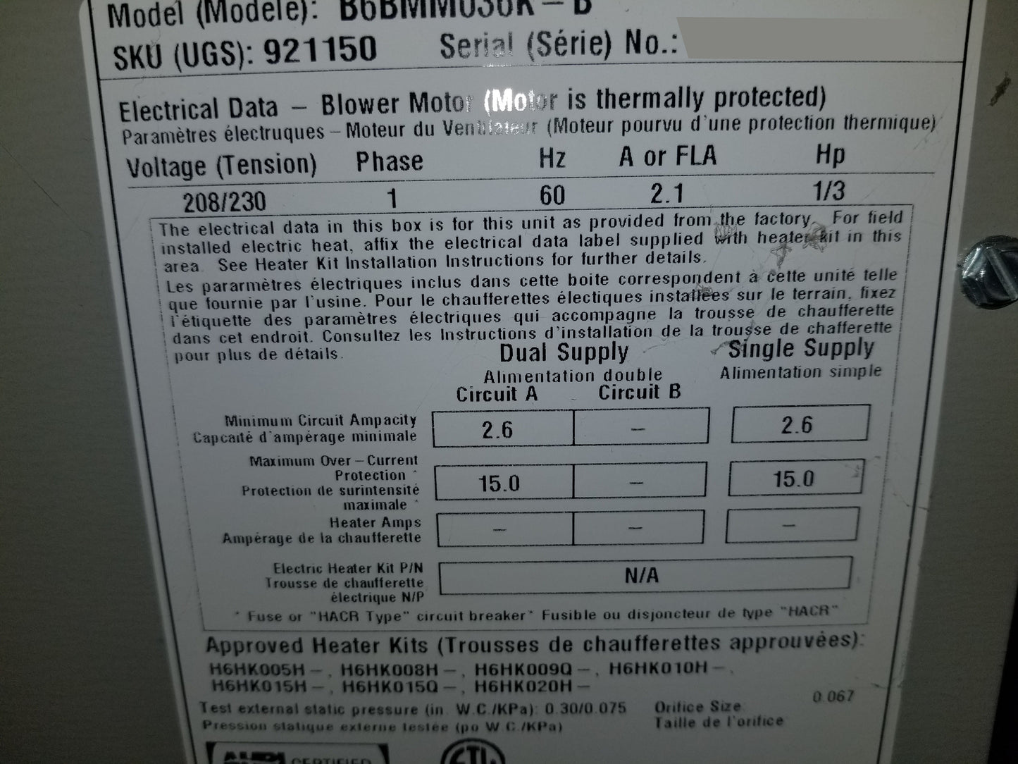 3 TON AC/HP MULTI-SPEED MULTI-POSITION FANCOIL, 13 SEER 208-230/60/1 R-410A 2200 CFM