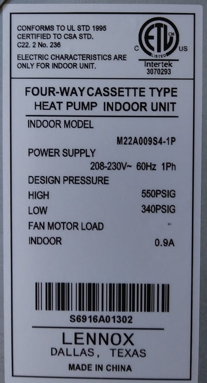 3/4 TON INVERTER TYPE SINGLE-ZONE OUTDOOR/NON-DUCTED CASSETTE INDOOR MINI-SPLIT HEAT PUMP SYSTEM, 19 SEER 208-230/60/1 R-410A CFM:375