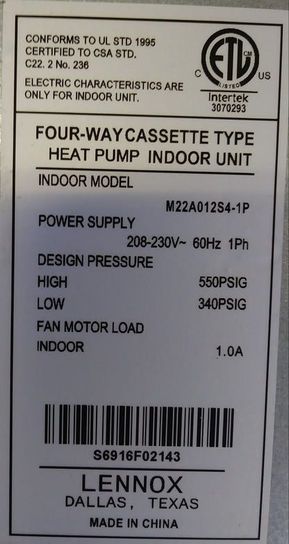 1 TON INVERTER TYPE SINGLE-ZONE OUTDOOR/NON-DUCTED CASSETTE INDOOR MINI-SPLIT HEAT PUMP SYSTEM, 20.50 SEER 208-230/60/1 R-410A CFM:380