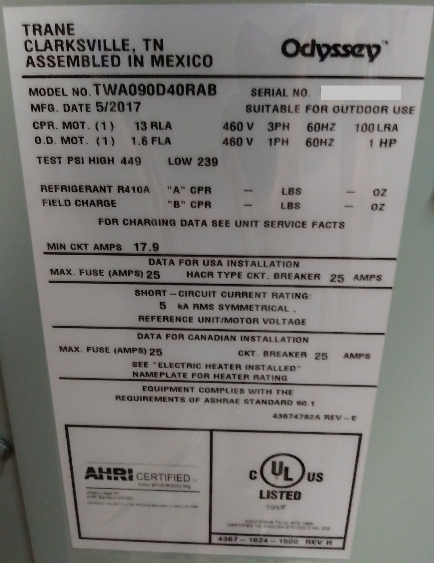 7-1/2 TON "ODYSSEY" SERIES SPLIT-SYSTEM HEAT PUMP UNIT w/ReliaTel, 12.2 EER 460/60/3 R-410A CFM:6530