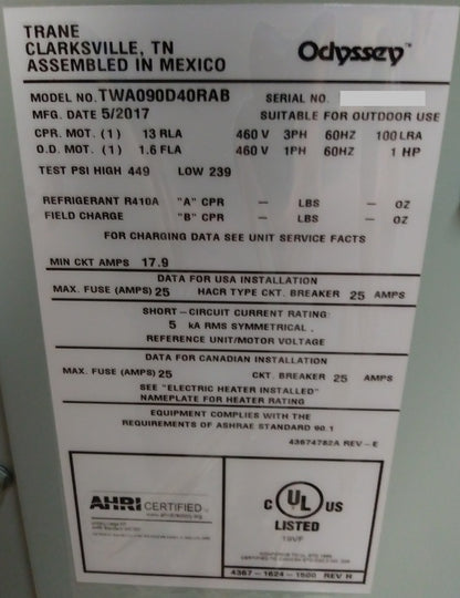 7-1/2 TON "ODYSSEY" SERIES SPLIT-SYSTEM HEAT PUMP UNIT w/ReliaTel, 12.2 EER 460/60/3 R-410A CFM:6530