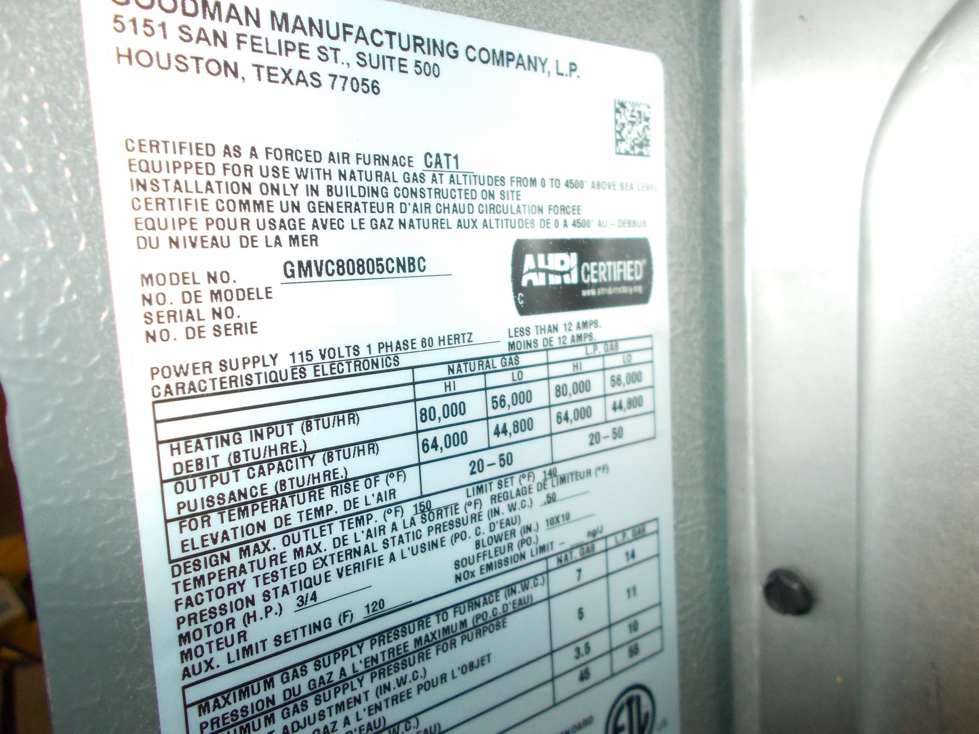 80,000/64,000 BTU "ComfortNet" TWO-STAGE ECM VARIABLE SPEED UPFLOW/HORIZONTAL NATURAL GAS FURNACE 80% 115/60/1 CFM 2000