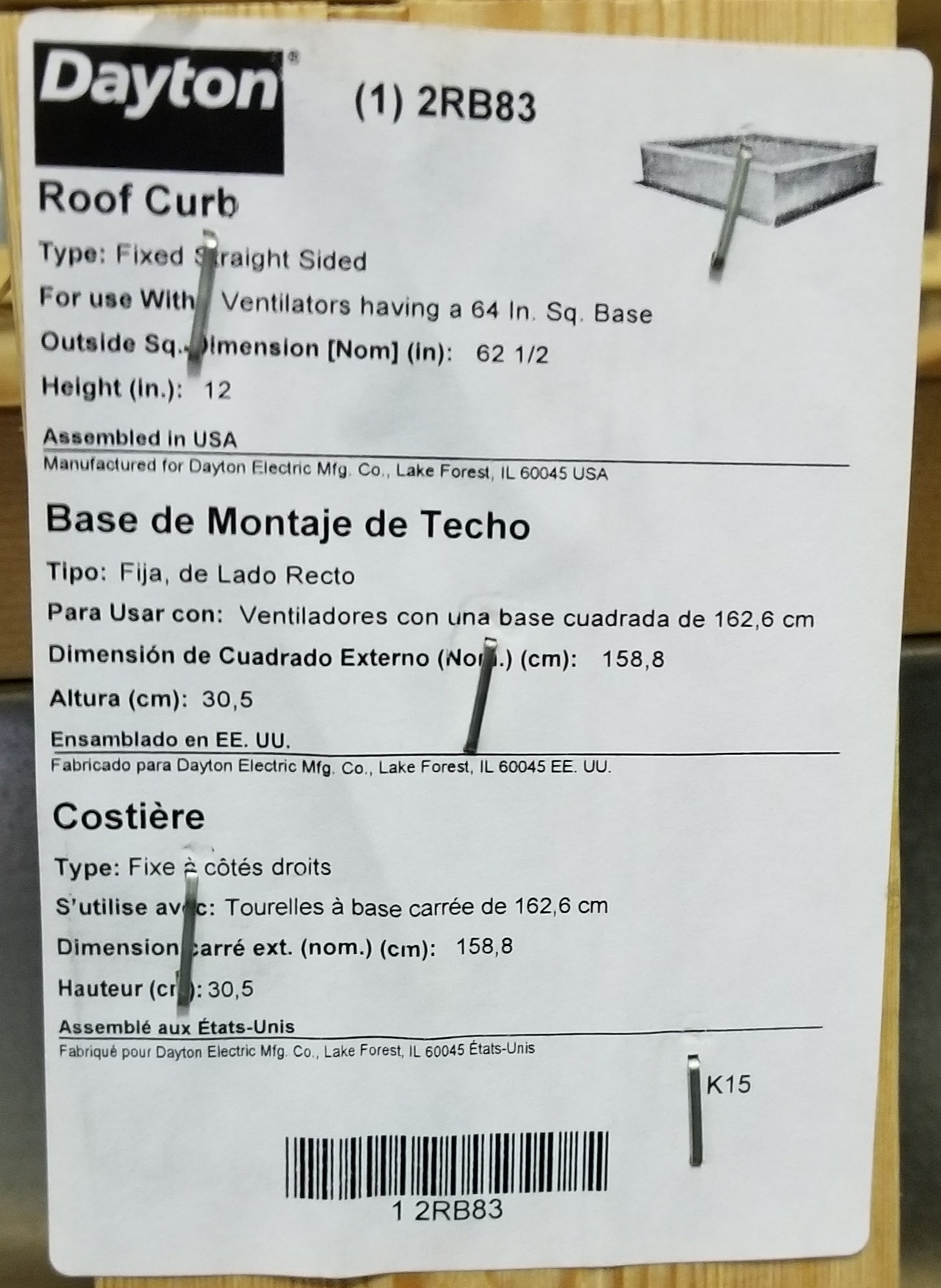 62 1/2" OD 12"H ROOF CURB, FIXED