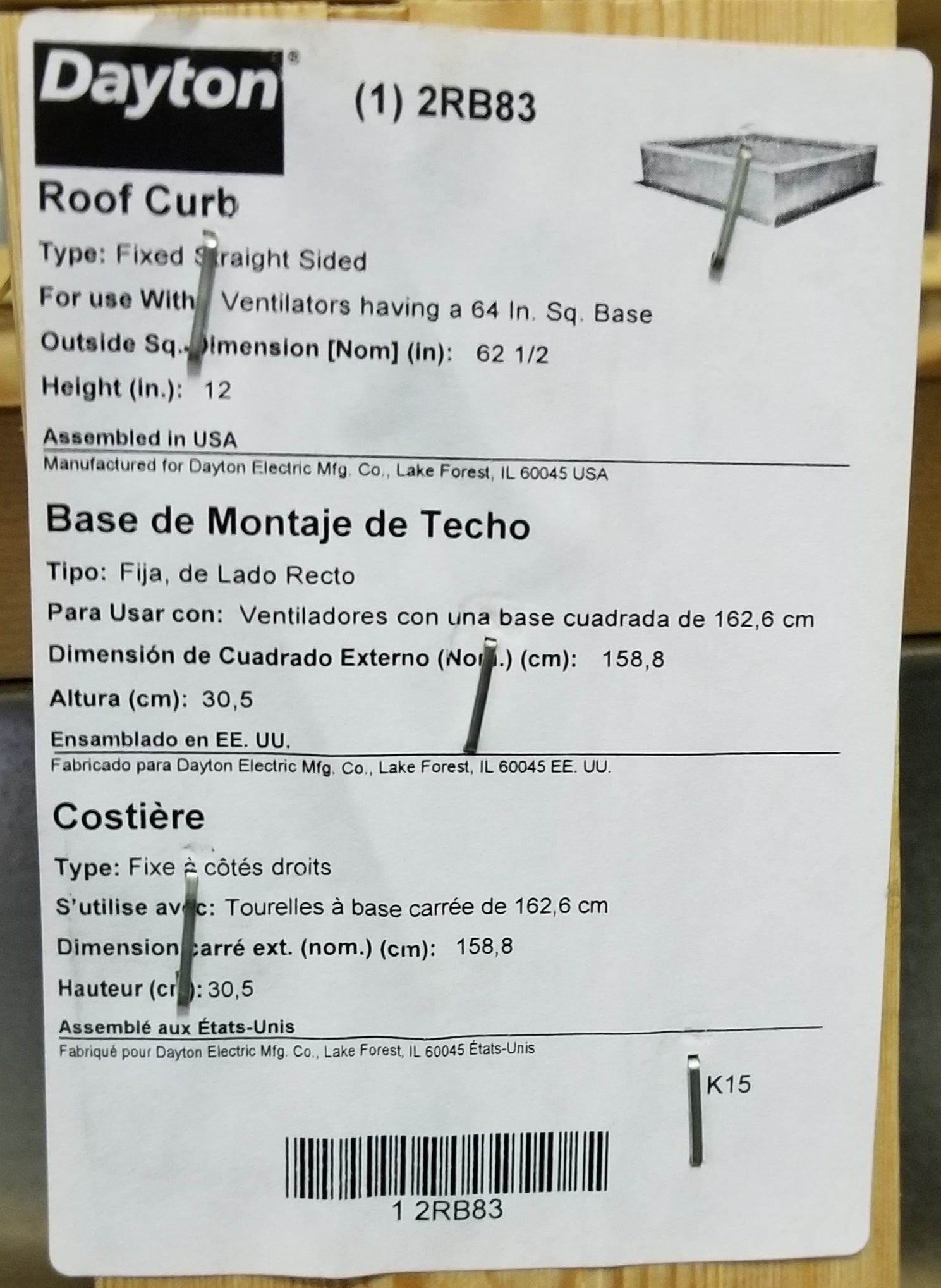 62 1/2" OD 12"H ROOF CURB, FIXED