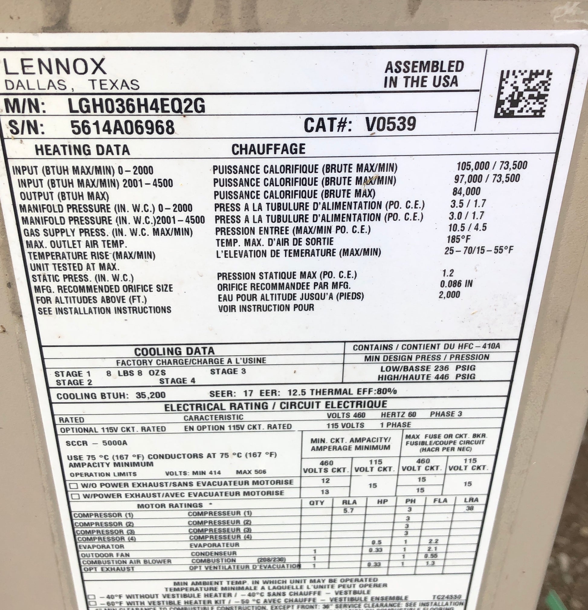 3 TON "ENERGENCE" SERIES CONVERTIBLE ECM DIRECT DRIVEN TWO-STAGE LOW NOx GAS/HIGH EFFICIENCY AIR CONDITIONING PACKAGED UNIT, 17 SEER/81% 460/60/3 R-410A CFM:1200