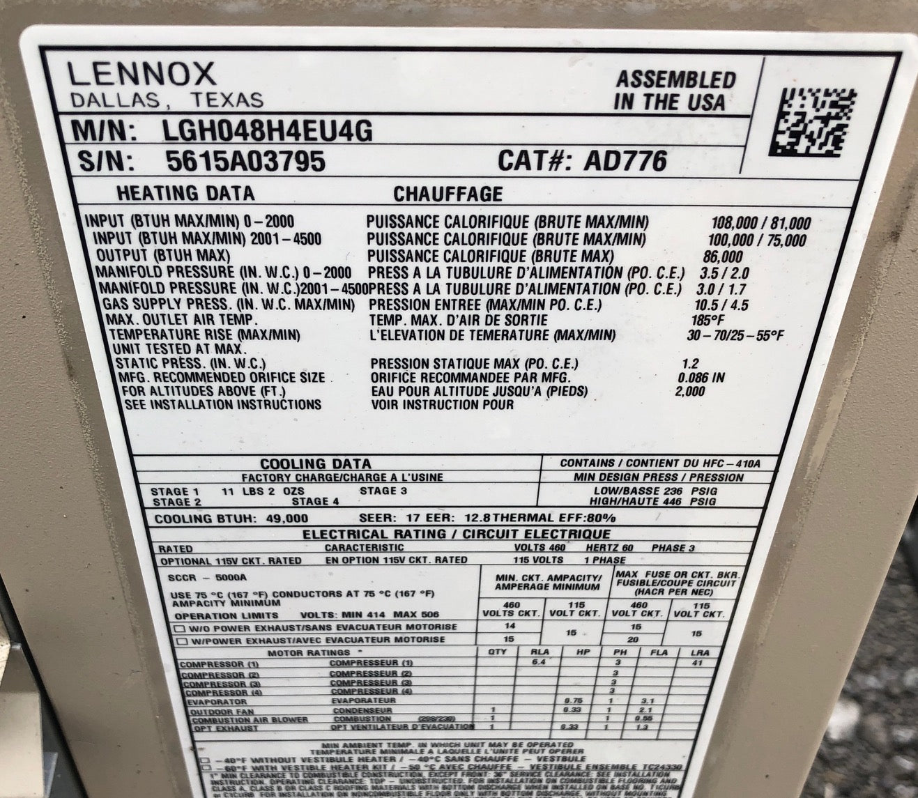 4 TON "ENERGENCE" SERIES CONVERTIBLE TWO-STAGE GAS/HIGH EFFICIENCY ELECTRIC COOLING ECM DIRECT DRIVEN PACKAGED UNIT, 17 SEER 80% 460/60/3 R-410A CFM:1600