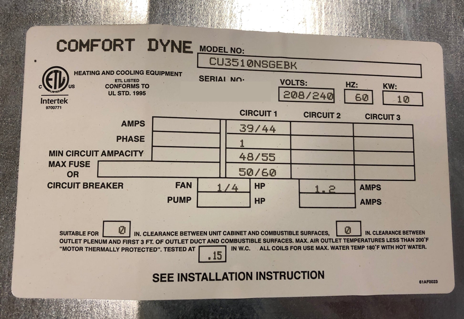 3 TON AC/HP HORIZONTAL UNCASED CEILING MOUNTED FANCOIL/W 10 KW ELECTRIC HEAT, 208-240/60/1 R-410A