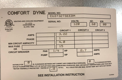 3 TON AC/HP HORIZONTAL UNCASED CEILING MOUNTED FANCOIL/W HYDRONIC HEATING, 120/60/1 R-410A