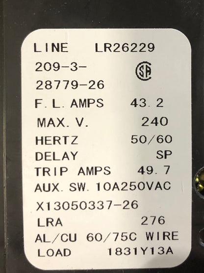 3 POLE 43.2 AMP "209 MULTI-POLE" SERIES HYDRAULIC MAGNETIC CIRCUIT BREAKER PROTECTOR/FOR MANUAL CONTROLLER APPLICATIONS, 240/60-50/1 OR 3