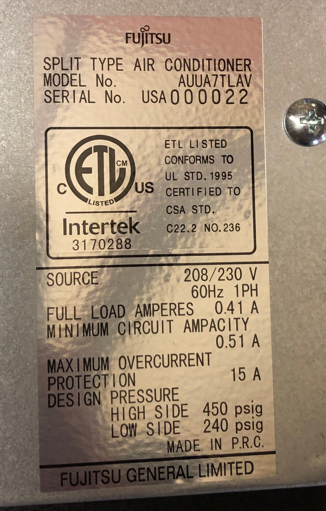 7,500 BTU AC/HP "AIRSTAGE" INDOOR MINI-SPLIT 4-WAY CEILING CASSETTE HEAT PUMP UNIT/LESS DECORATIVE GRILLE, 19.8 SEER 208-230/60/1 R-410A CFM:318