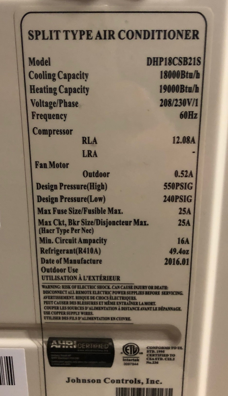 18,000 BTU SINGLE ZONE OUTDOOR MINI-SPLIT HEAT PUMP, 16 SEER 208-230/60/1 R-410A