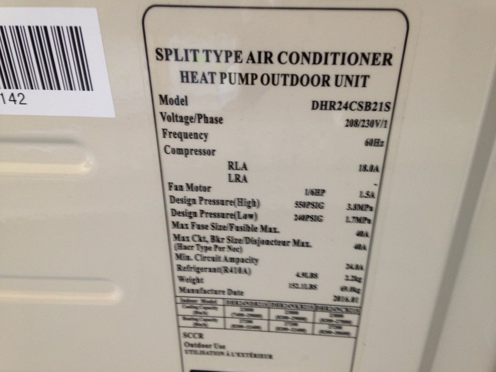 24,000 BTU SINGLE ZONE OUTDOOR MINI-SPLIT HEAT PUMP UNIT, 20 SEER 208-230/60/1 R-410A