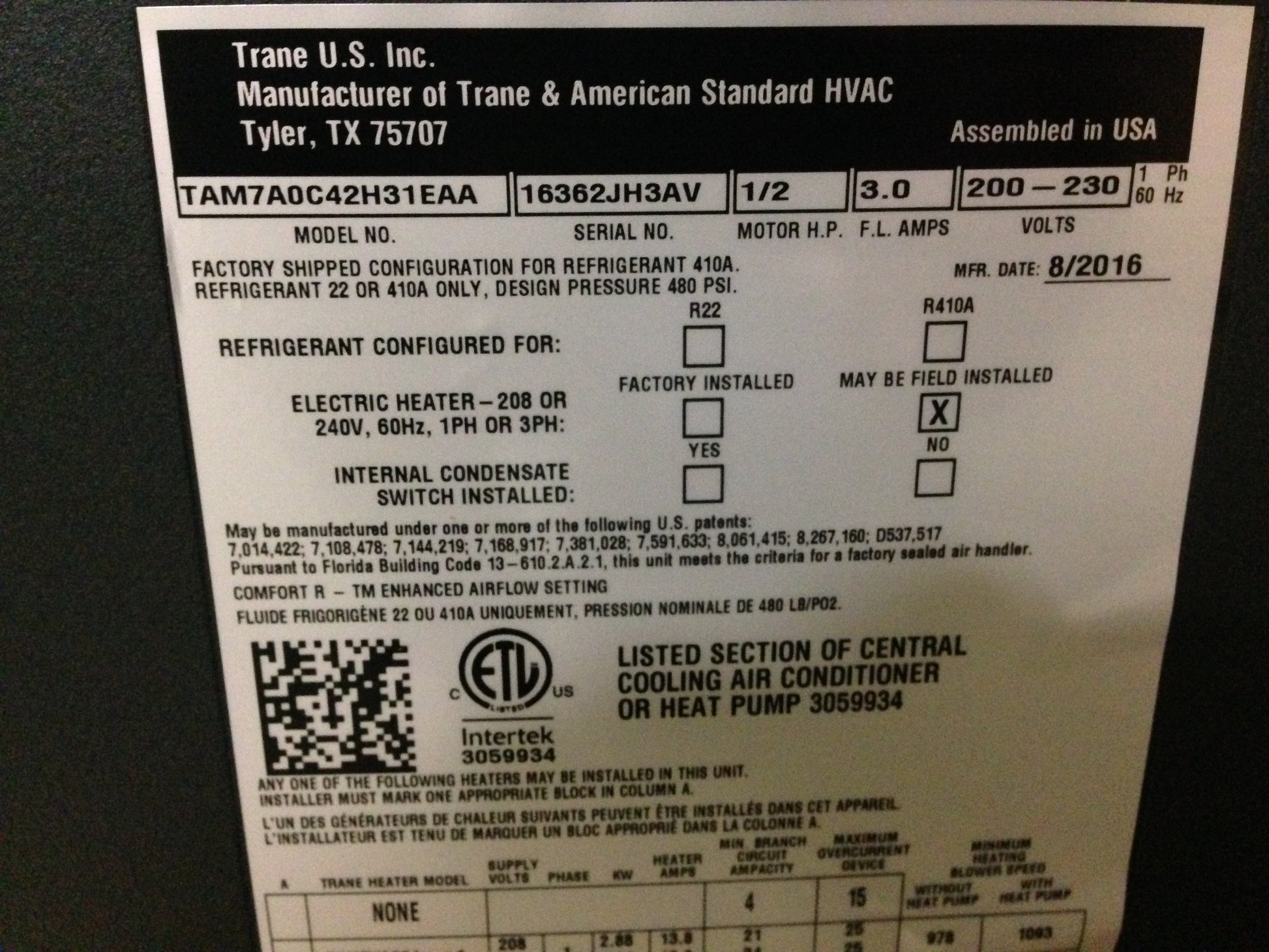 3-1/2 TON AC/HP 4-WAY MULTI-POSITION VARIABLE SPEED FANCOIL 200-230/60/1 R-410A CFM 800-1600