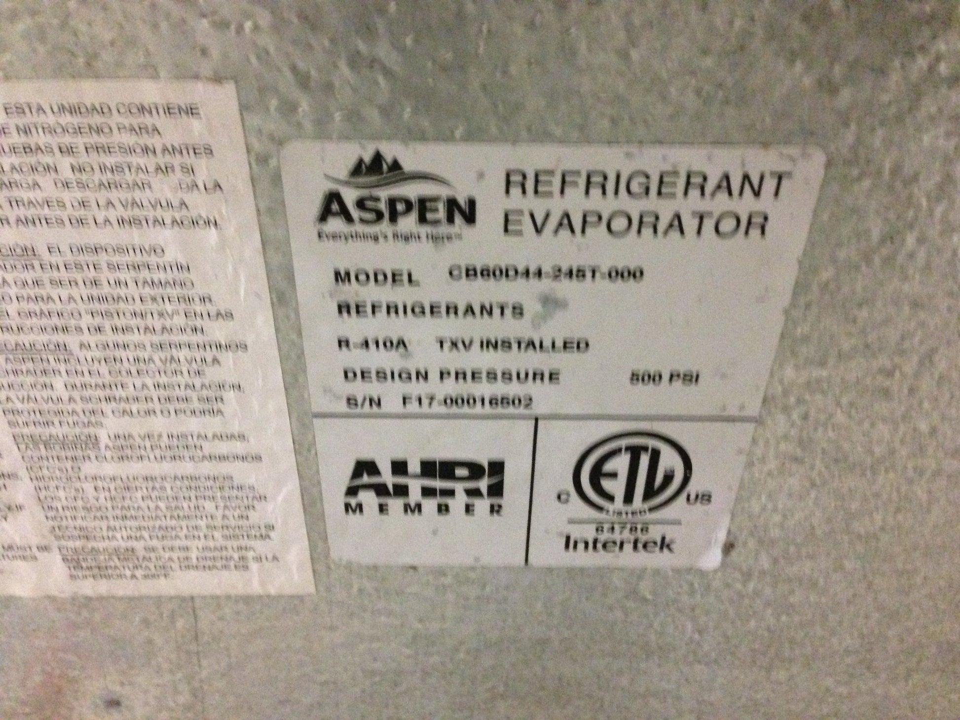 ASPEN CB60D44-245T-000 5 TON AC/HP HORIZONTAL CASED "A" COIL R-410A