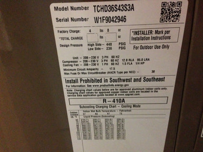 3 TON SPLIT-SYSTEM HORIZONTAL AIR CONDITIONER, 13 SEER 208-230/60/3 R-410A 3200 CFM