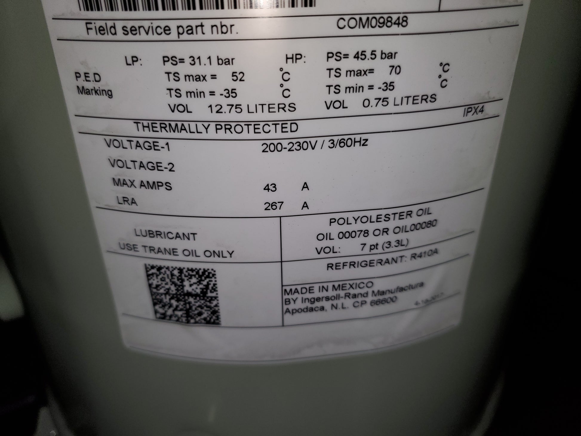8.75 TON AC/HP SCROLL COMPRESSOR, 200-230/60/3 R-410A