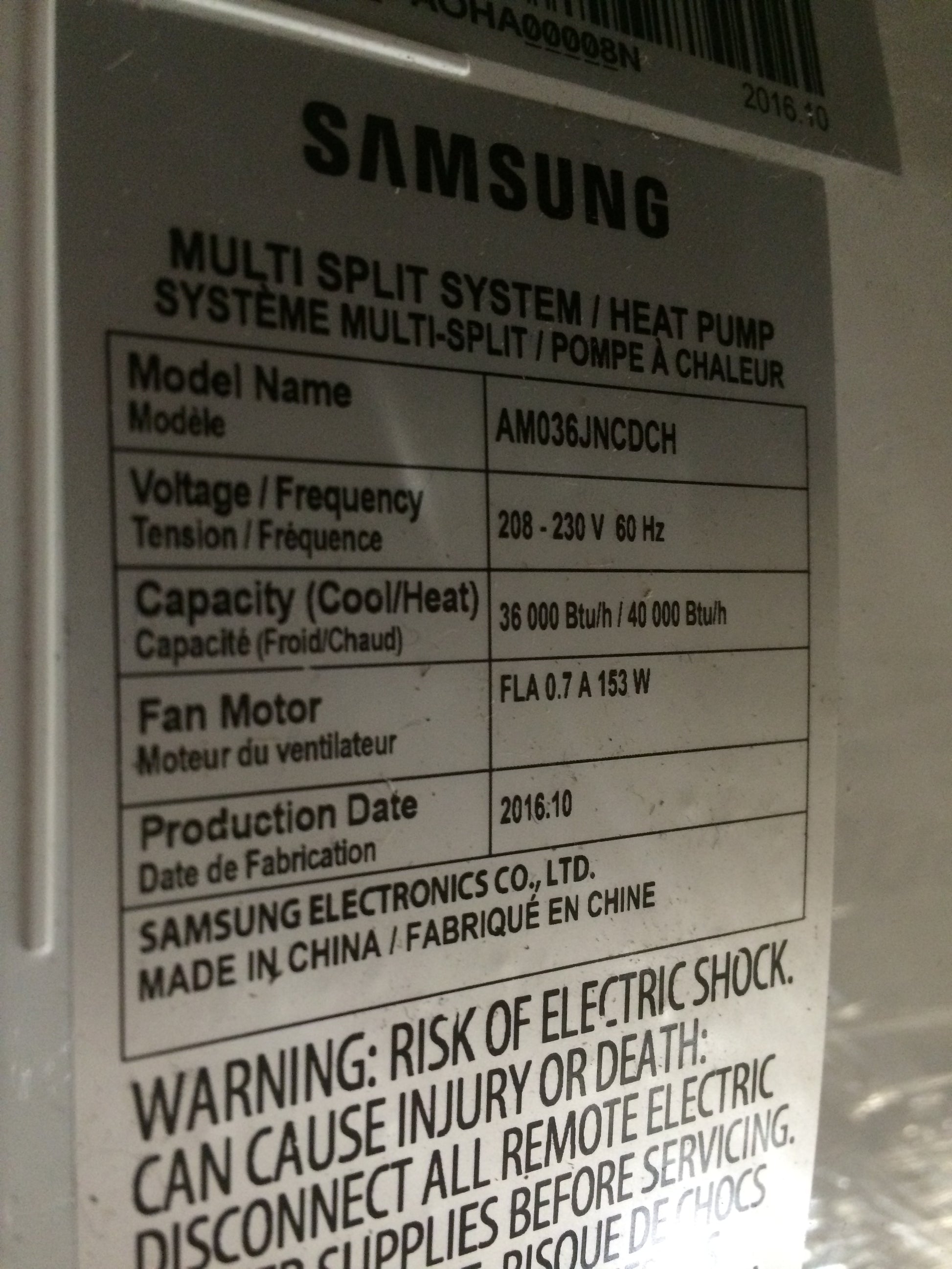 36,000 BTU SINGLE-ZONE INDOOR MINI-SPLIT HEAT PUMP, 208-230/60/1 R-410A