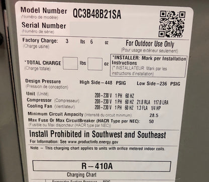 4 TON MANUFACTURED HOUSING AIR CONDITIONER CONDENSING UNIT, 13 SEER 208-230/60/1 R-410A