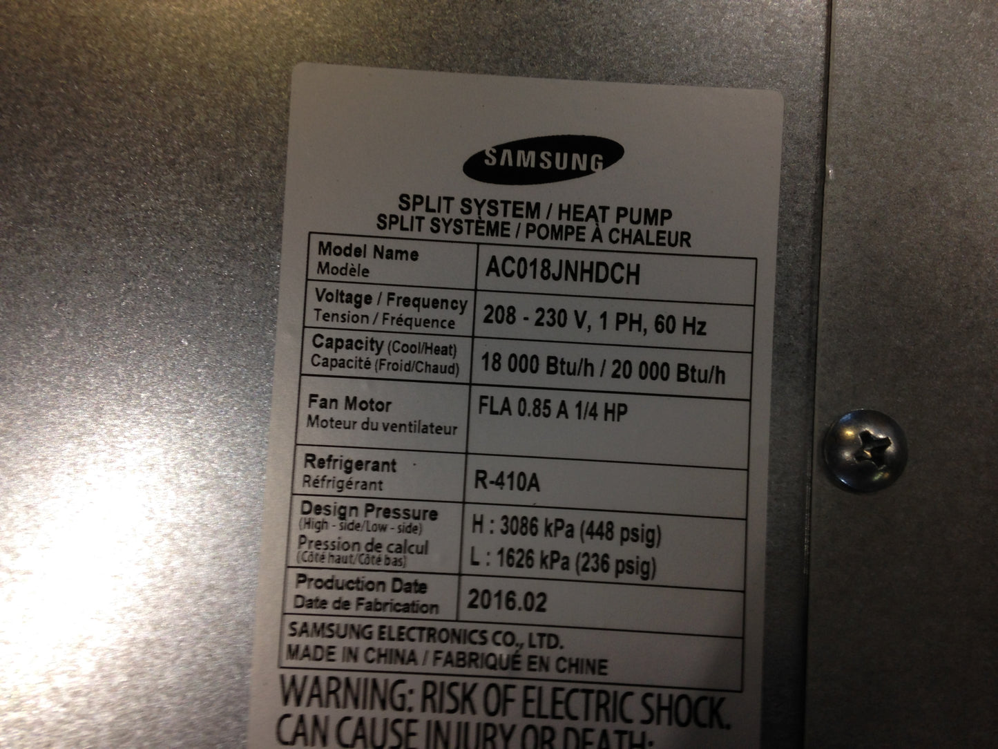 18,000 BTU MINI-SPLIT INDOOR HEAT PUMP UNIT, 19 SEER  208-230/60/1 R-410A  CFM 390/490/590