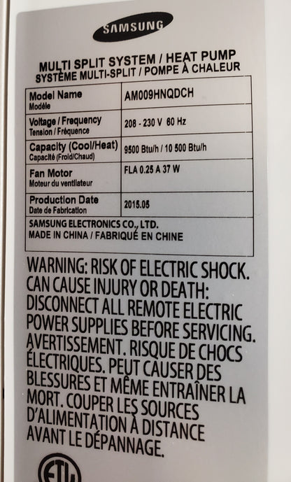 9,000 BTU SINGLE ZONE INDOOR MINI-SPLIT HEAT PUMP, 208/230-60-1, R410A