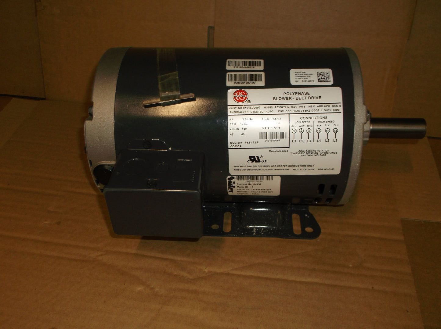 1HP POLTPHASE BELT DRIVE BLOWER MOTOR  460/60/1745-1165/2-SPEED