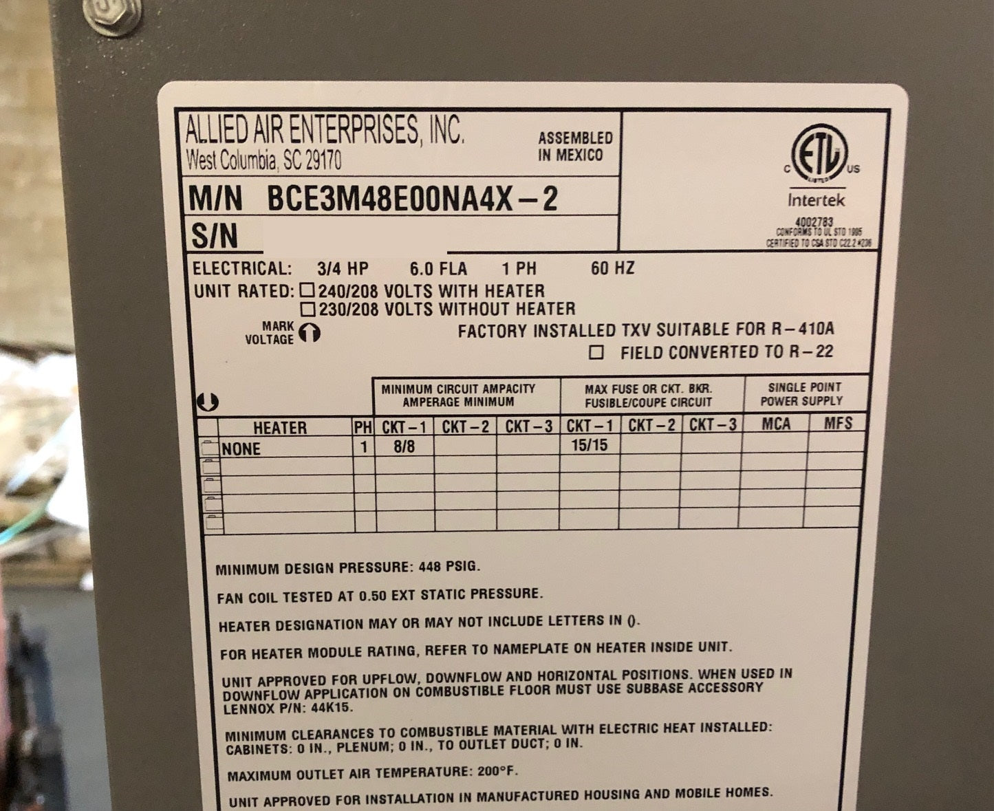 4 TON AC/HP CONSTANT TORQUE UPFLOW/HORIZONTAL (Downflow with kit) FANCOIL, 208-240/60/1 R-410A CFM:2000